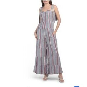 Storia‎ Striped Smocked Jumpsuit Tie Strap Tiered Wide Leg Boho Chic